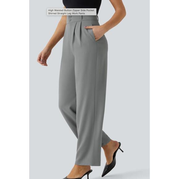 Halara Large Petite High Waist Button Front Shirred Straight Leg Work Pants - Picture 6 of 10